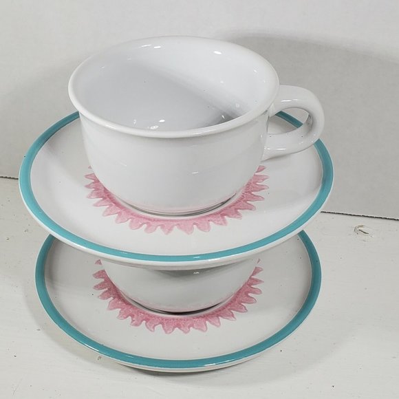 2 Dansk Costa Del Sol Tea Coffee Cups and Saucers aqua pink sunshine rays - Picture 2 of 9